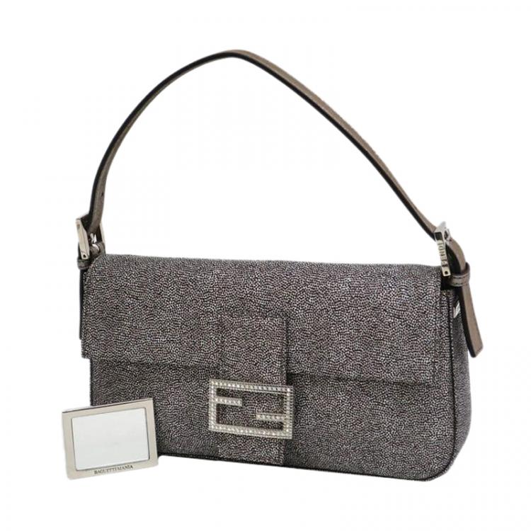 Pre Owned Fendi Black and White Rhinestone Print Canvas Mini Mama Shoulder Bag