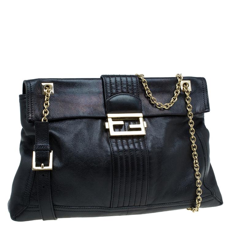 Pre Owned Fendi Black Metallic Leather Maxi Baguette Flap Shoulder Bag