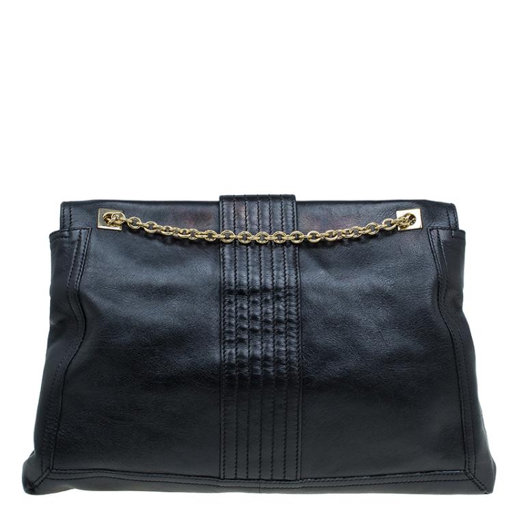 Pre Owned Fendi Black Metallic Leather Maxi Baguette Flap Shoulder Bag