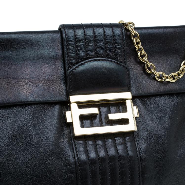 Pre Owned Fendi Black Metallic Leather Maxi Baguette Flap Shoulder Bag