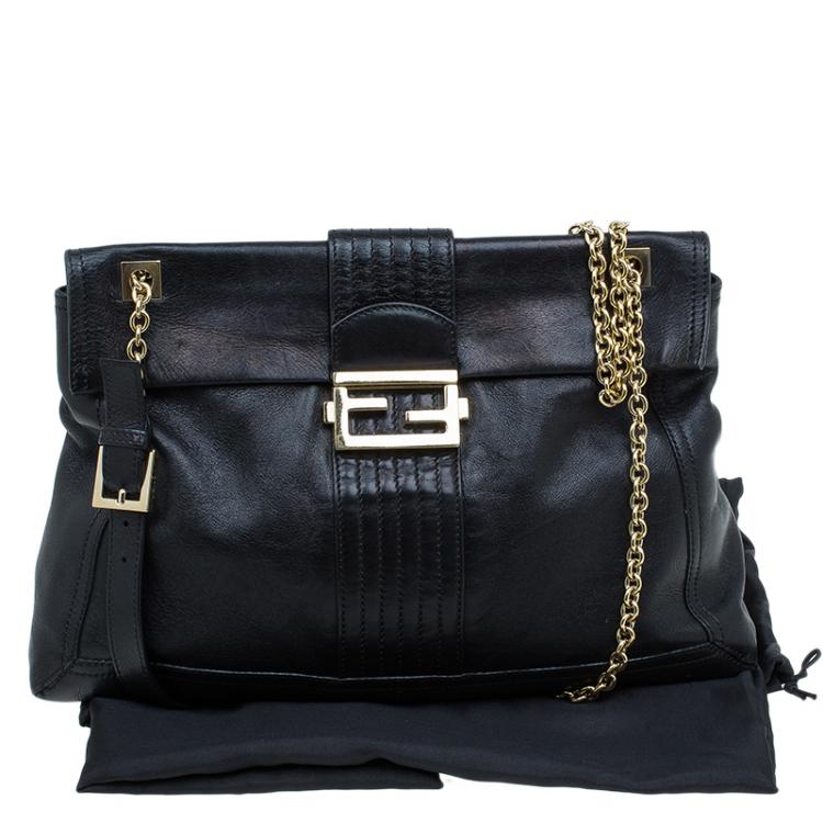 Pre Owned Fendi Black Metallic Leather Maxi Baguette Flap Shoulder Bag