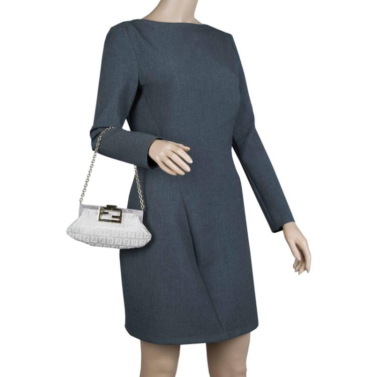 Pre Owned Fendi Metallic Beige/Silver Zucchino Canvas Frame Chain Clutch
