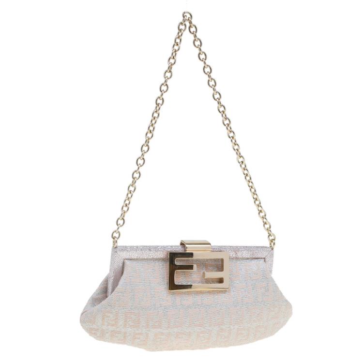 Pre Owned Fendi Metallic Beige/Silver Zucchino Canvas Frame Chain Clutch