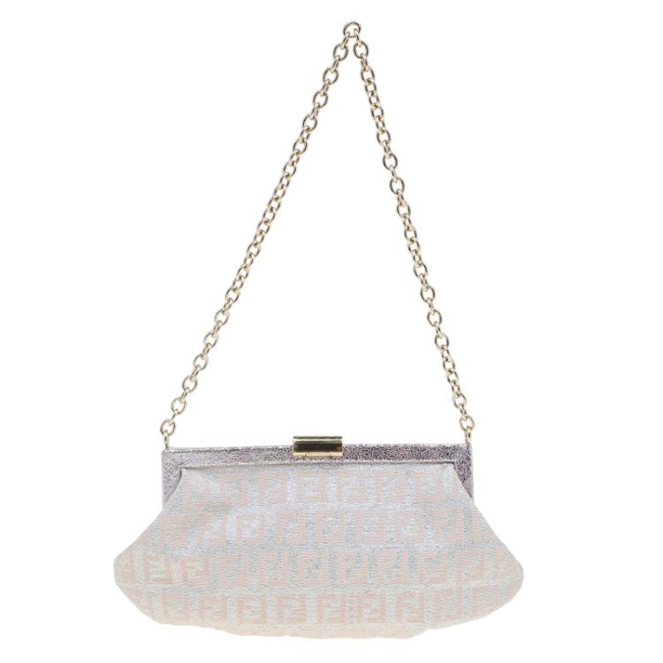 Pre Owned Fendi Metallic Beige/Silver Zucchino Canvas Frame Chain Clutch