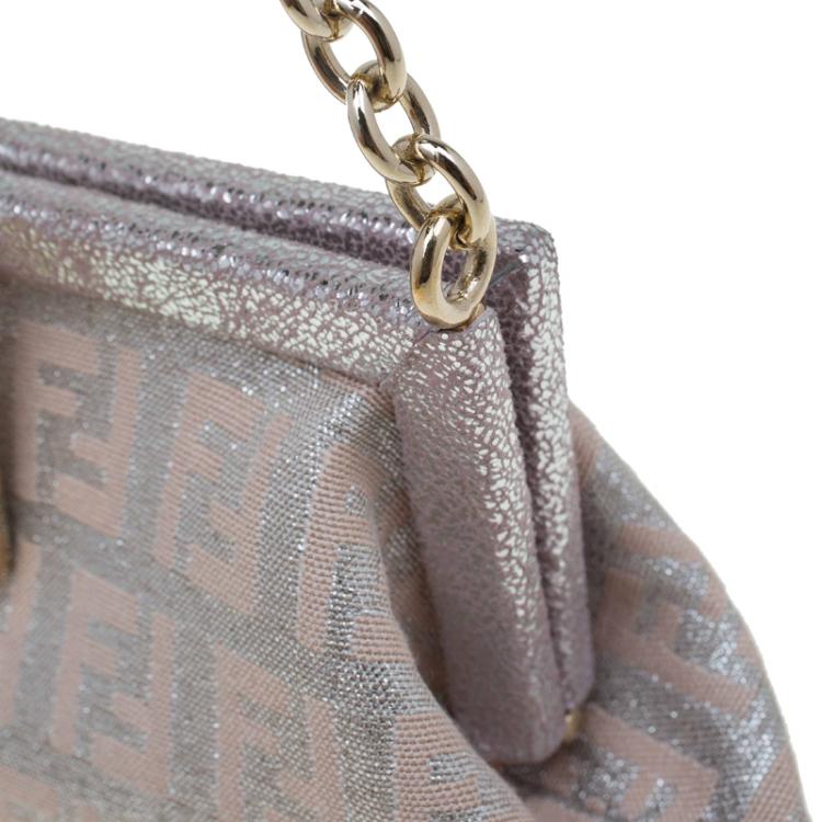 Pre Owned Fendi Metallic Beige/Silver Zucchino Canvas Frame Chain Clutch