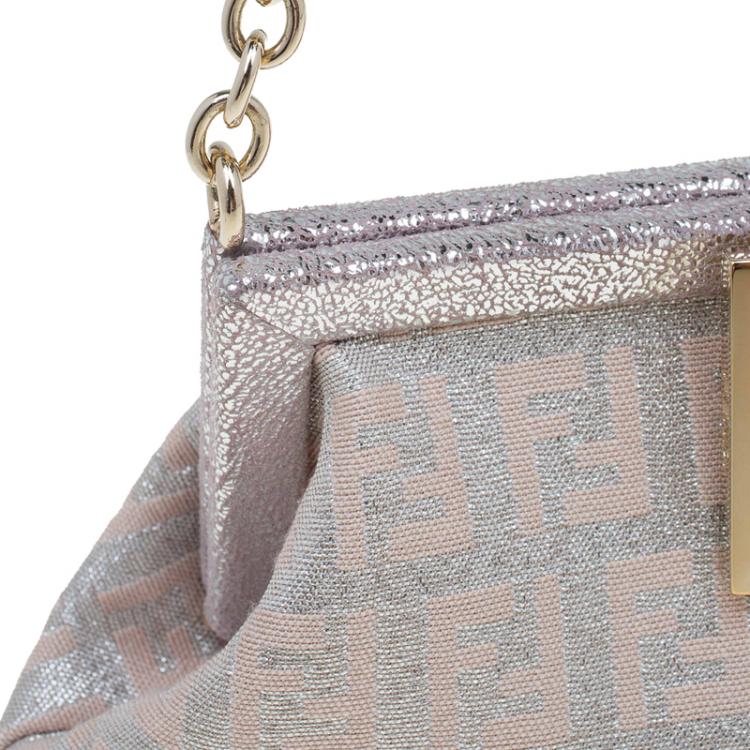 Pre Owned Fendi Metallic Beige/Silver Zucchino Canvas Frame Chain Clutch
