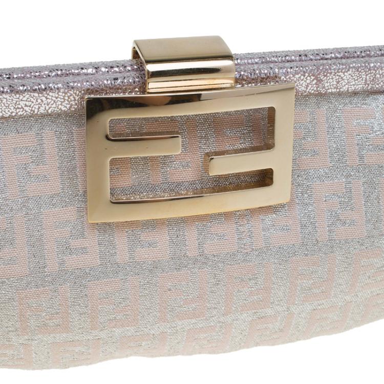 Pre Owned Fendi Metallic Beige/Silver Zucchino Canvas Frame Chain Clutch