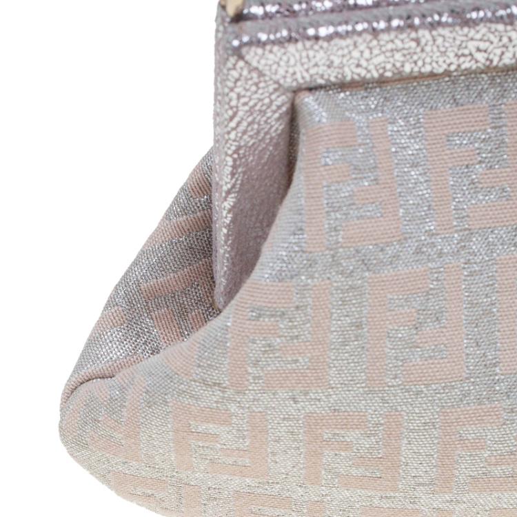 Pre Owned Fendi Metallic Beige/Silver Zucchino Canvas Frame Chain Clutch