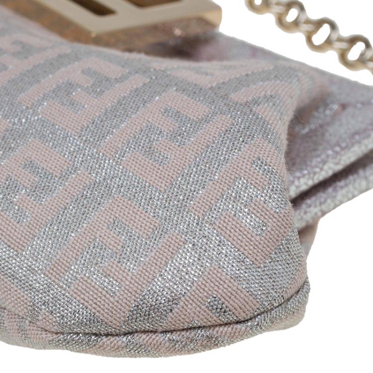 Pre Owned Fendi Metallic Beige/Silver Zucchino Canvas Frame Chain Clutch