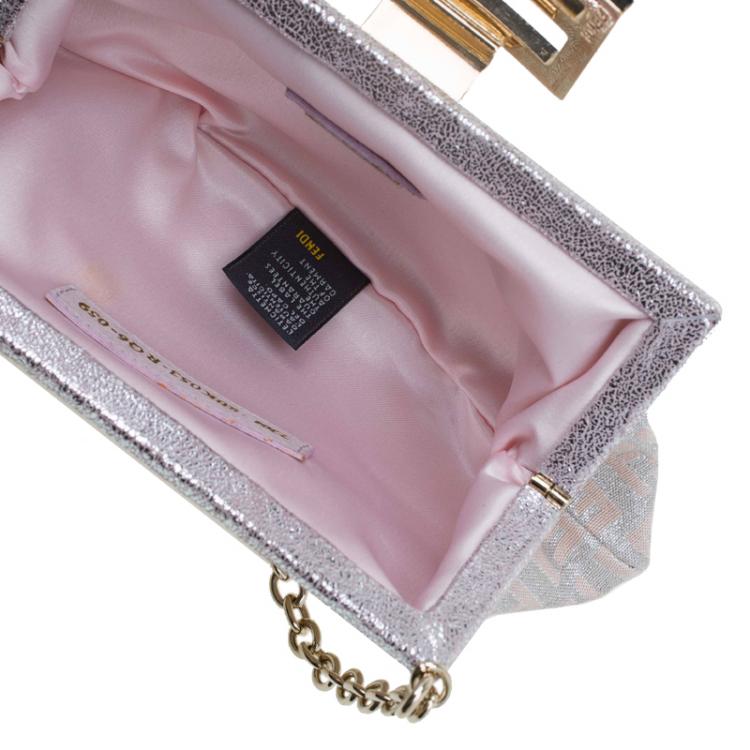 Pre Owned Fendi Metallic Beige/Silver Zucchino Canvas Frame Chain Clutch