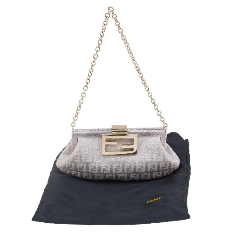 Pre Owned Fendi Metallic Beige/Silver Zucchino Canvas Frame Chain Clutch
