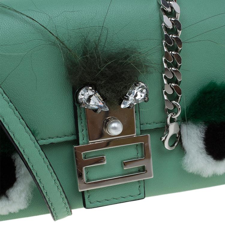 Pre Owned Fendi Moss Green Leather Micro Monster Baguette Crossbody Bag