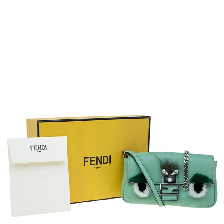 Pre Owned Fendi Moss Green Leather Micro Monster Baguette Crossbody Bag