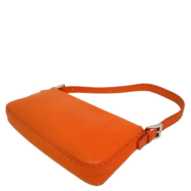 Pre Owned Fendi Orange Selleria Leather Baguette Shoulder Bag