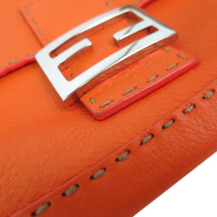 Pre Owned Fendi Orange Selleria Leather Baguette Shoulder Bag