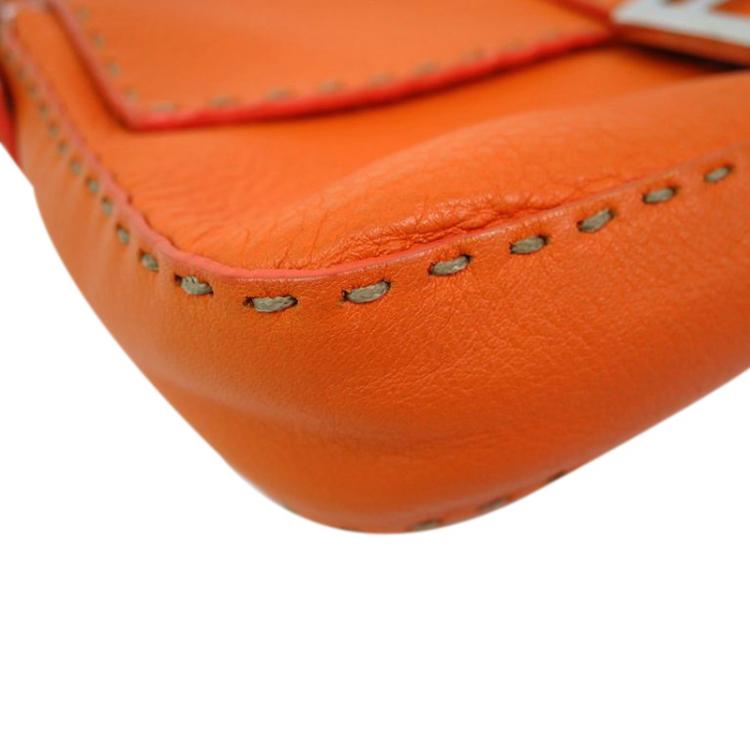 Pre Owned Fendi Orange Selleria Leather Baguette Shoulder Bag