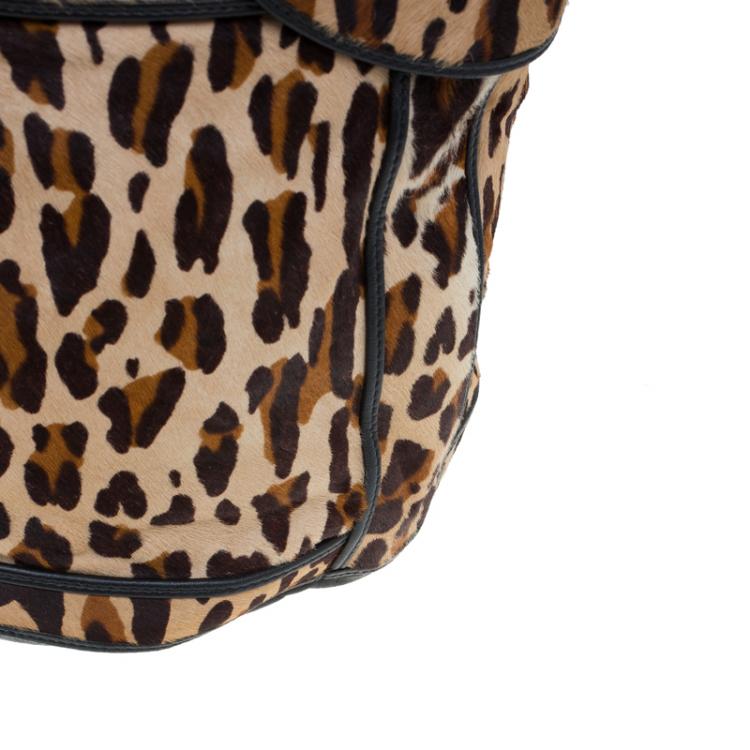 Pre Owned Fendi Leopard Print Calf Hair Palazzo Bucket Shoulder Bag
