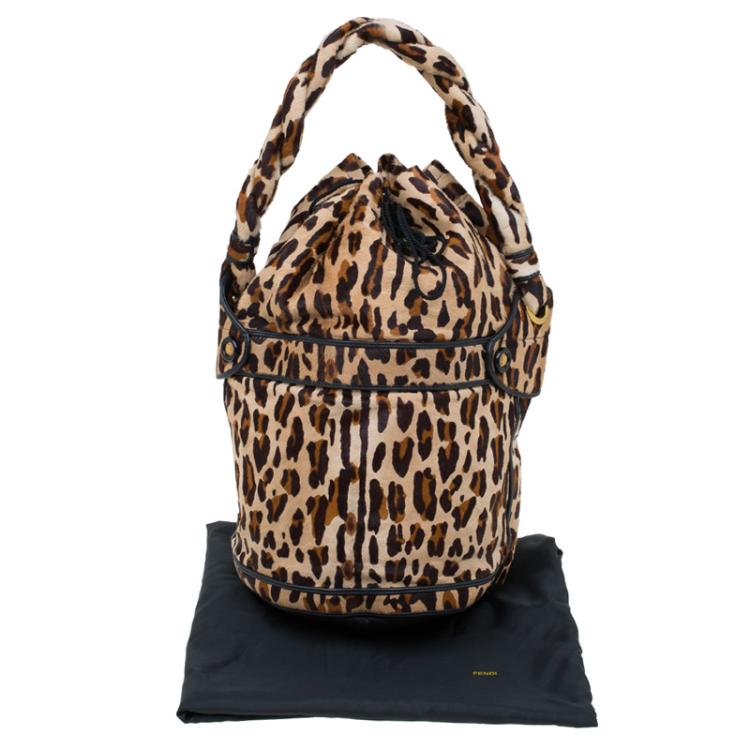 Pre Owned Fendi Leopard Print Calf Hair Palazzo Bucket Shoulder Bag