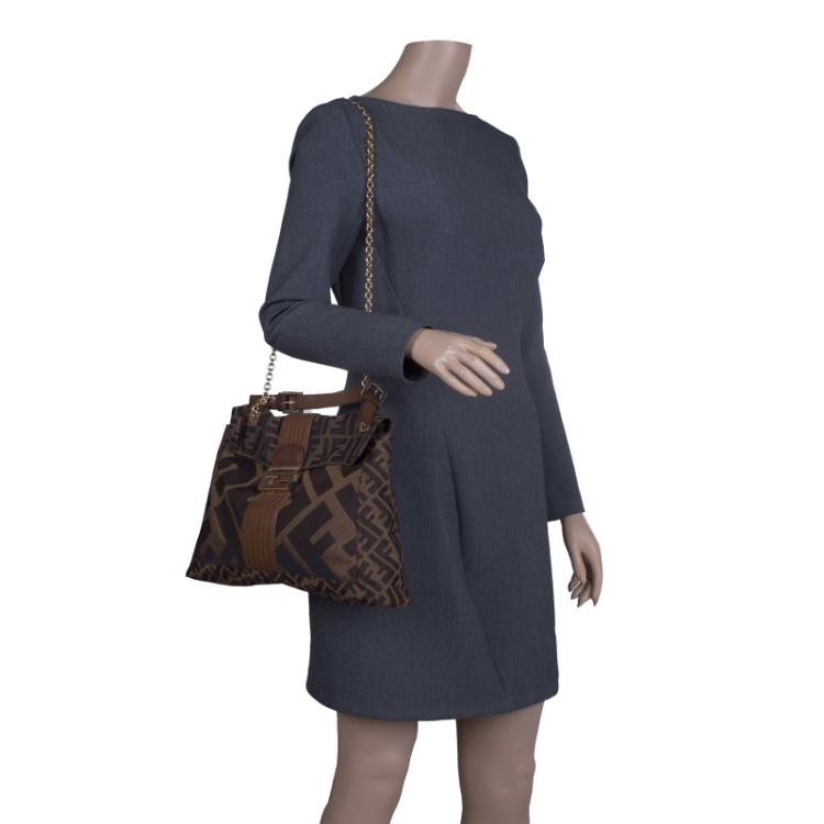Pre Owned Fendi Tobacco Zucca Canvas Maxi Baguette Shoulder Bag