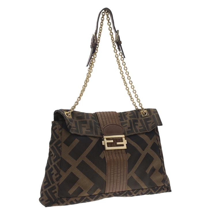Pre Owned Fendi Tobacco Zucca Canvas Maxi Baguette Shoulder Bag