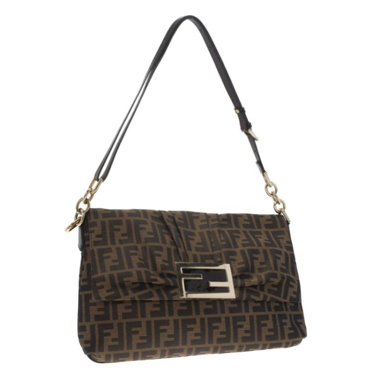 Pre Owned Fendi Tobacco Zucca Canvas Mia Flap Bag