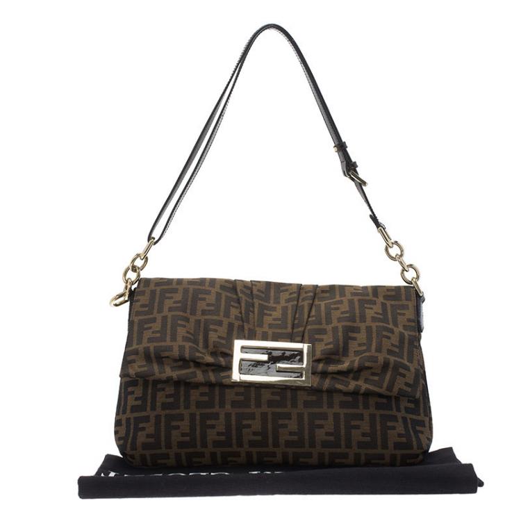 Pre Owned Fendi Tobacco Zucca Canvas Mia Flap Bag
