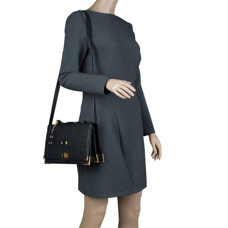 Pre Owned Fendi Black Ostrich Leather Classico No.1 Shoulder Bag