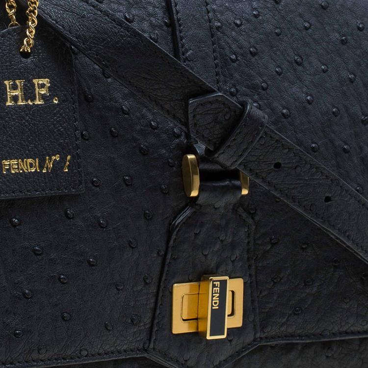 Pre Owned Fendi Black Ostrich Leather Classico No.1 Shoulder Bag
