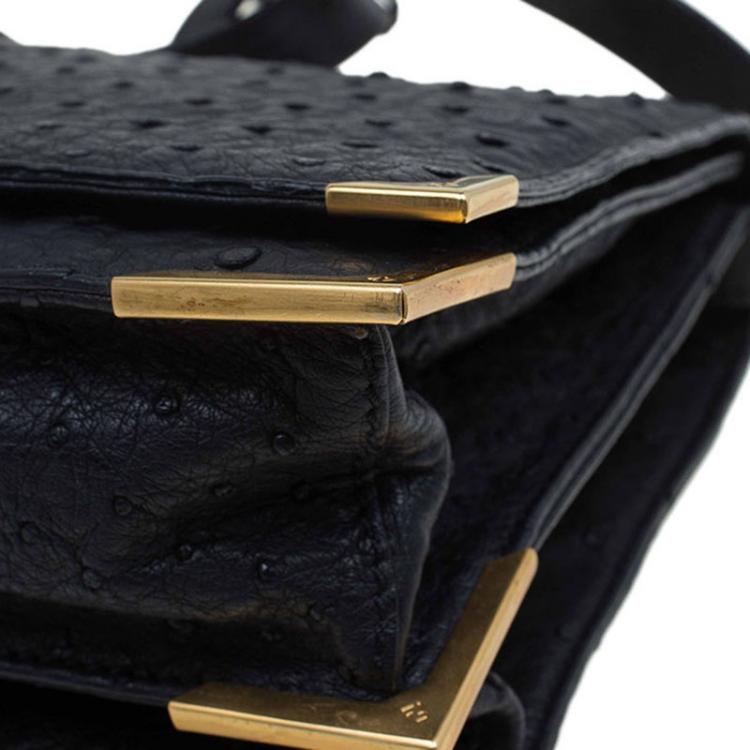 Pre Owned Fendi Black Ostrich Leather Classico No.1 Shoulder Bag