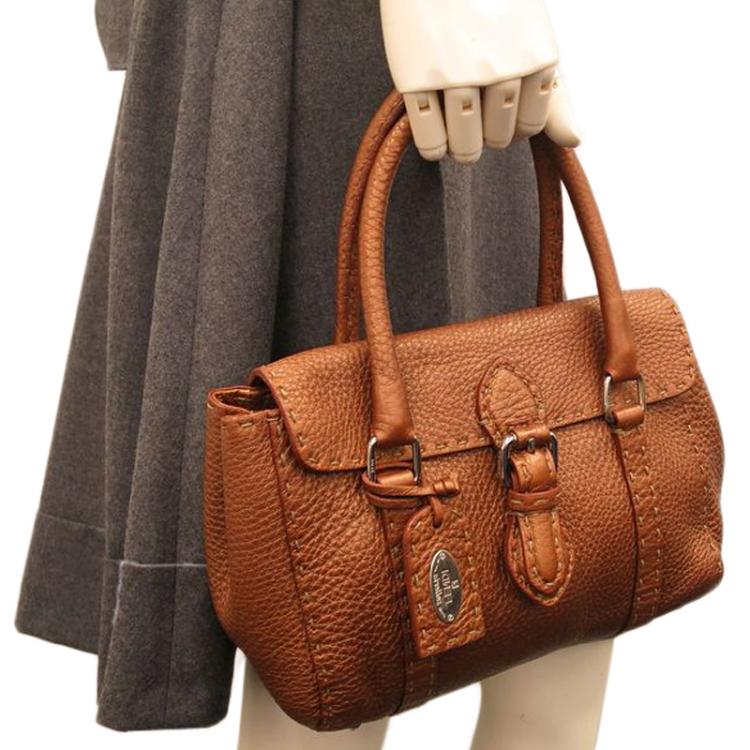 Pre Owned Fendi Metallic Brown Selleria Leather Mini Linda Satchel