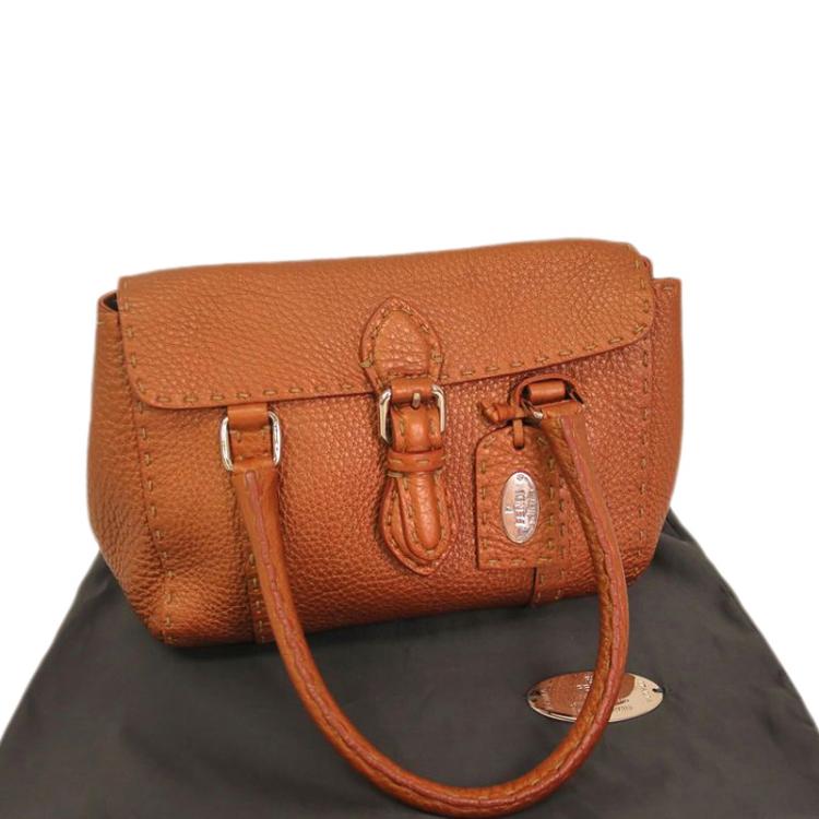 Pre Owned Fendi Metallic Brown Selleria Leather Mini Linda Satchel