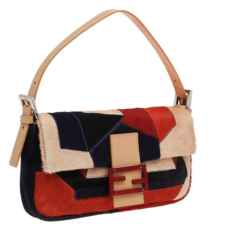 Pre Owned Fendi Multicolor Calf Hair Color Block Baguette Shoulder Bag