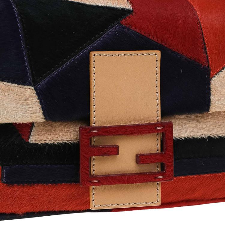 Pre Owned Fendi Multicolor Calf Hair Color Block Baguette Shoulder Bag