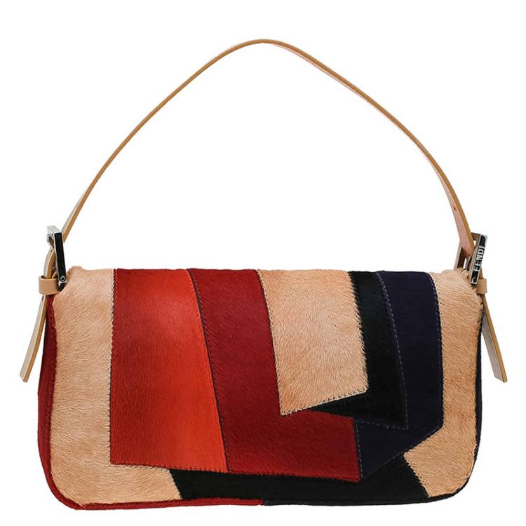 Pre Owned Fendi Multicolor Calf Hair Color Block Baguette Shoulder Bag