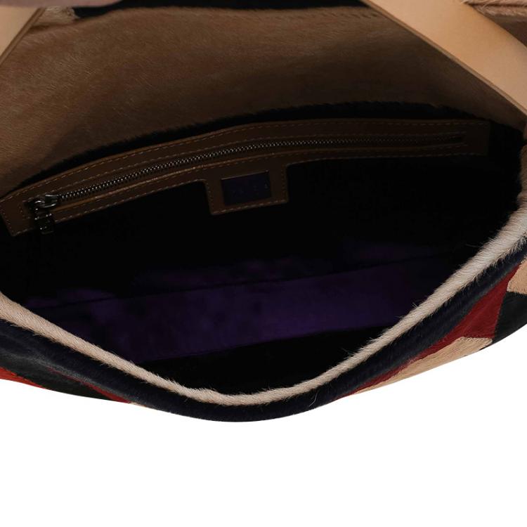 Pre Owned Fendi Multicolor Calf Hair Color Block Baguette Shoulder Bag