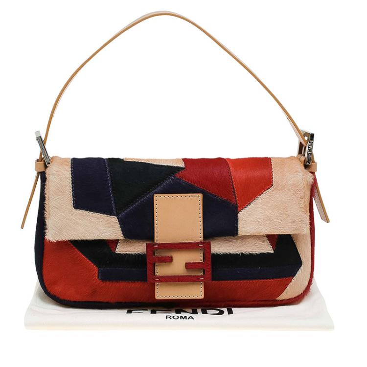 Pre Owned Fendi Multicolor Calf Hair Color Block Baguette Shoulder Bag