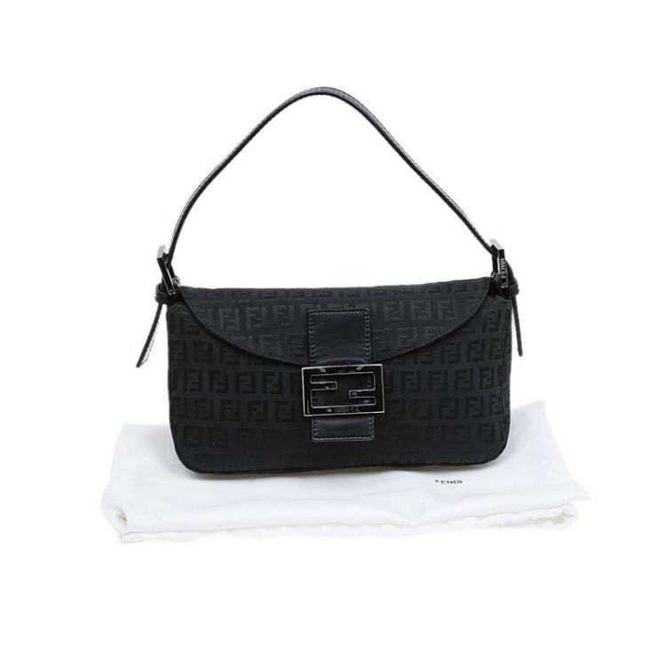 Pre Owned Fendi Black Zucchino Canvas Baguette Shoulder Bag