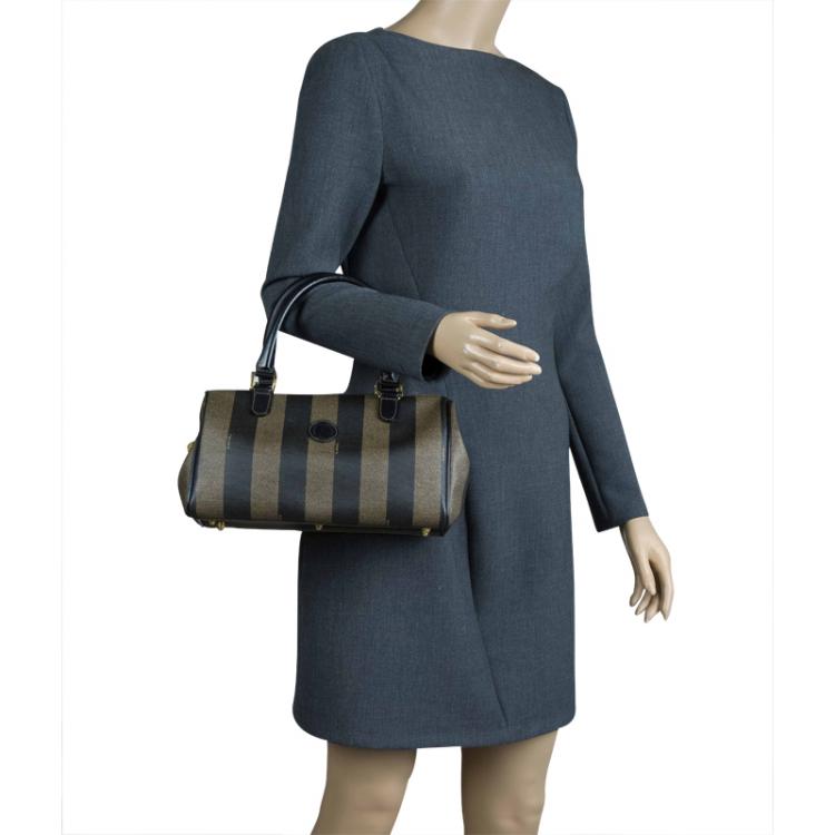 Pre Owned Fendi Tobacco Pequin Striped Coated Canvas Boston Bag