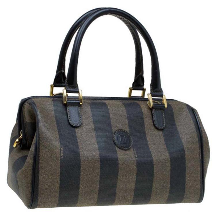 Pre Owned Fendi Tobacco Pequin Striped Coated Canvas Boston Bag