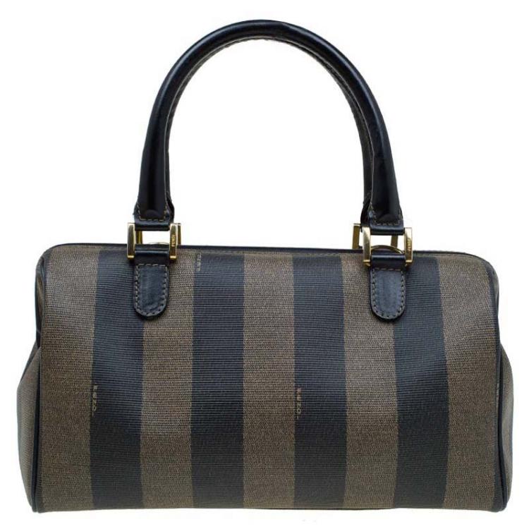 Pre Owned Fendi Tobacco Pequin Striped Coated Canvas Boston Bag
