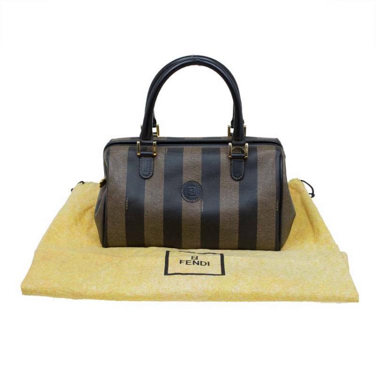 Pre Owned Fendi Tobacco Pequin Striped Coated Canvas Boston Bag