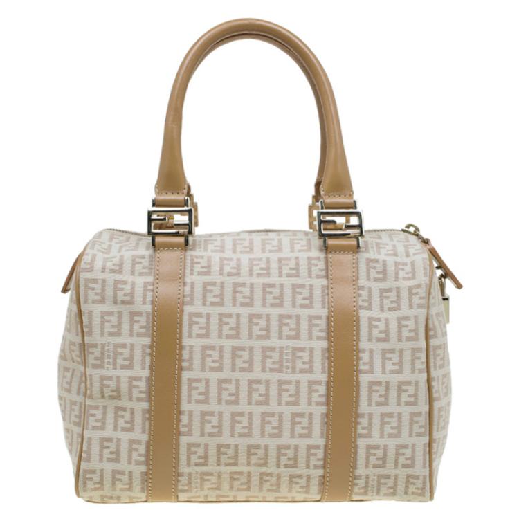 مملوكة مسبقًا Fendi Beige Zucchino Canvas Small Forever Bauletto Boston Bag