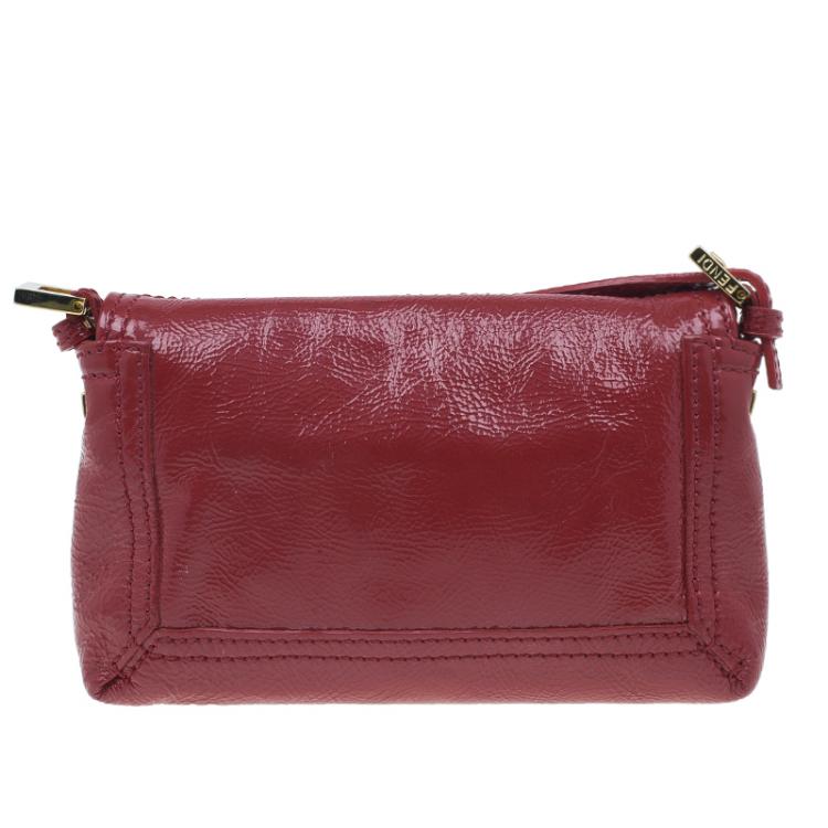 Pre Owned Fendi Red Patent Leather Mini Baguette Bag