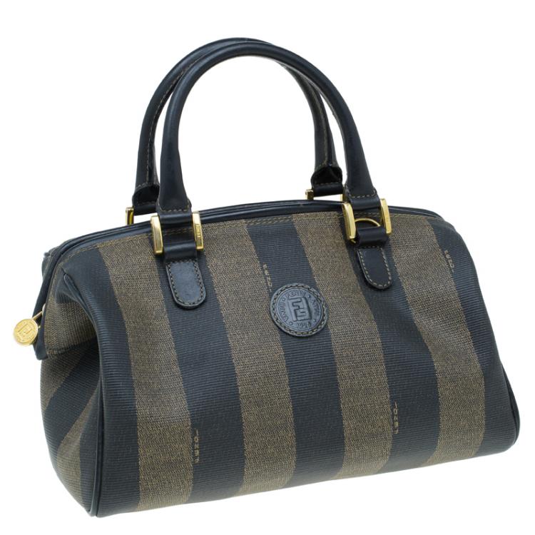 Pre Owned Fendi Tobacco Pequin Striped Coated Canvas Boston Bag