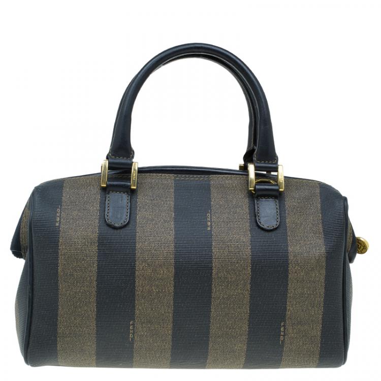 Pre Owned Fendi Tobacco Pequin Striped Coated Canvas Boston Bag