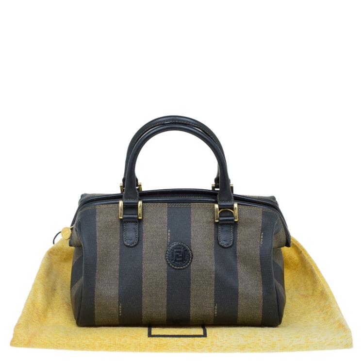 Pre Owned Fendi Tobacco Pequin Striped Coated Canvas Boston Bag