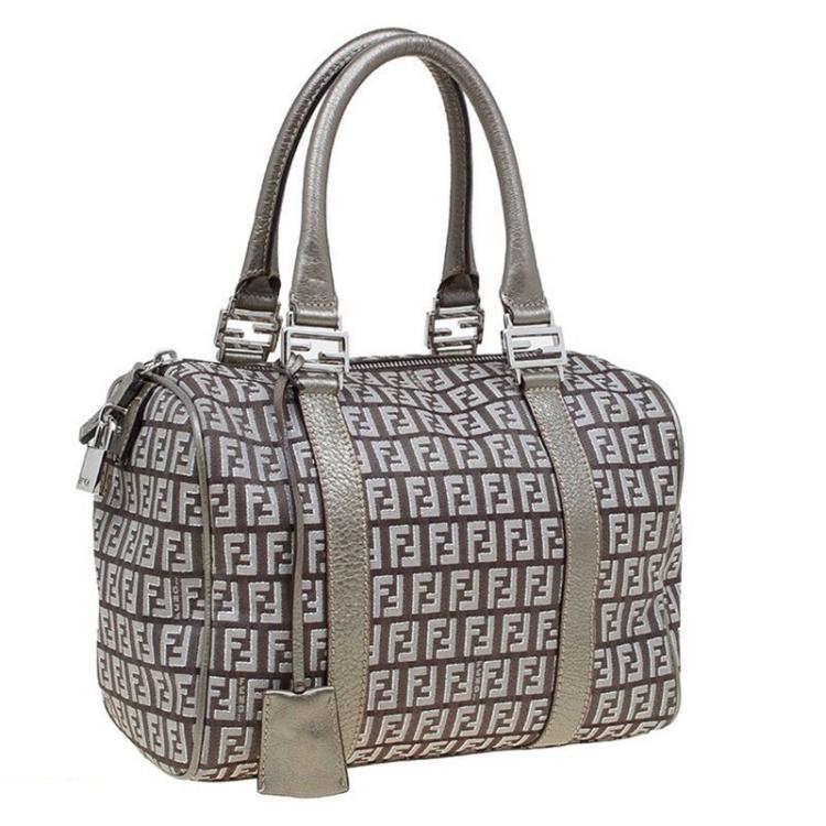 Pre Owned Fendi Grey Zucchino Canvas Small Forever Bauletto Boston Bag