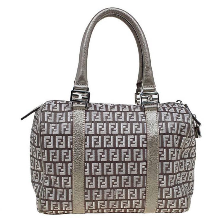 Pre Owned Fendi Grey Zucchino Canvas Small Forever Bauletto Boston Bag