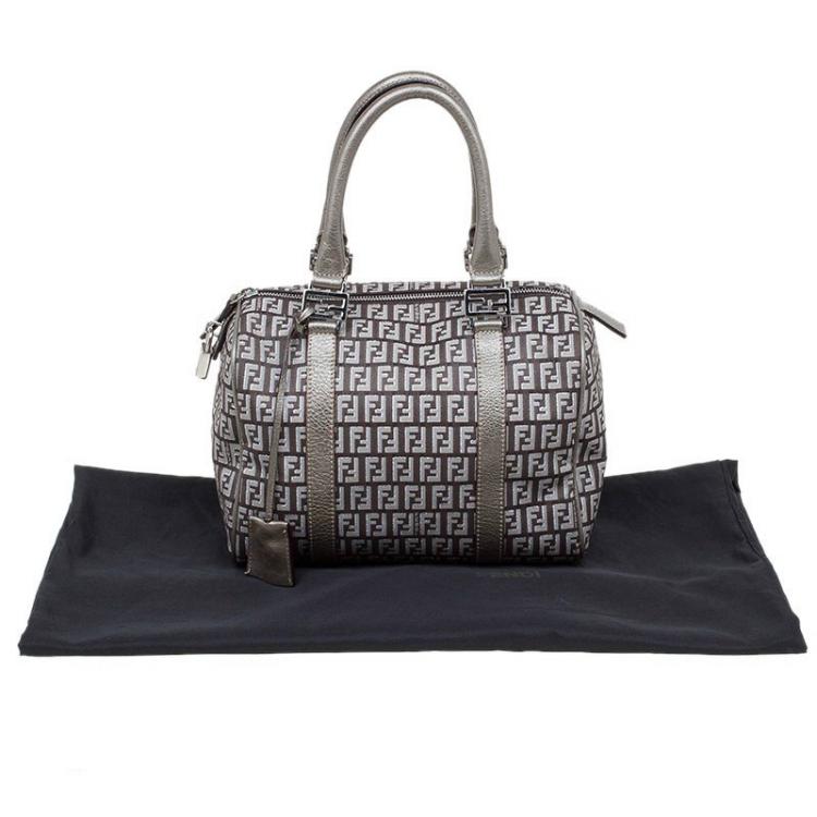 Pre Owned Fendi Grey Zucchino Canvas Small Forever Bauletto Boston Bag
