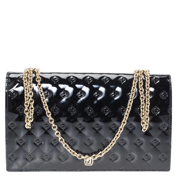 Pre Owned Fendi Black Patent Leather Fendilicious Wallet On Chain